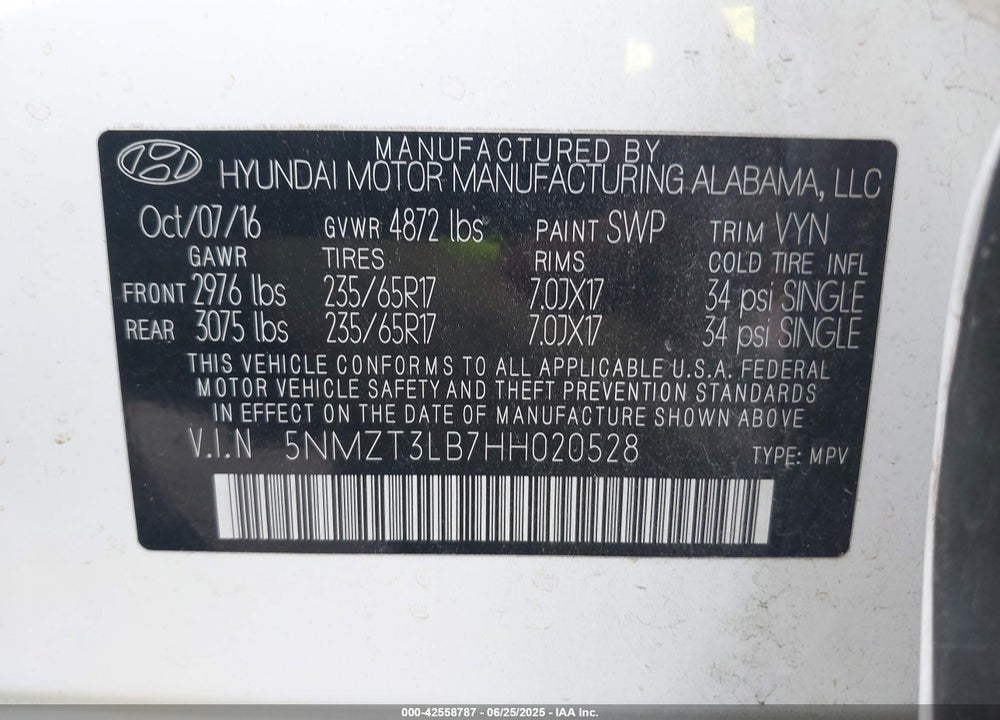 2017 HYUNDAI SANTA FE SPORT VIN: 5NMZT3LB7HH020528