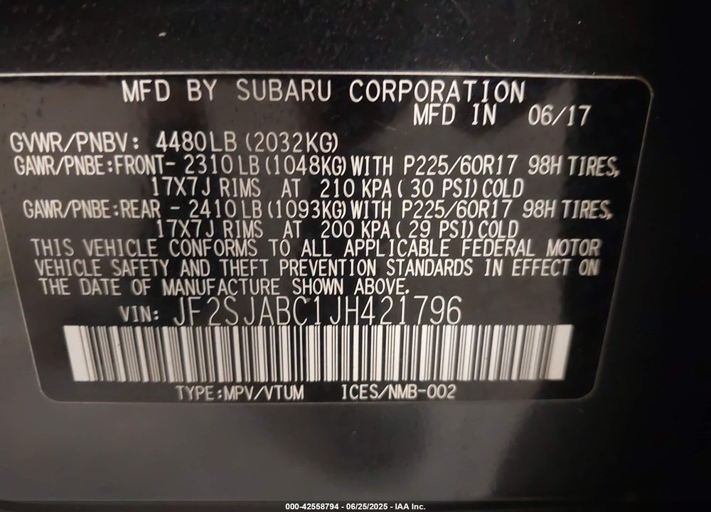 2018 SUBARU FORESTER 2.5I VIN: JF2SJABC1JH421796