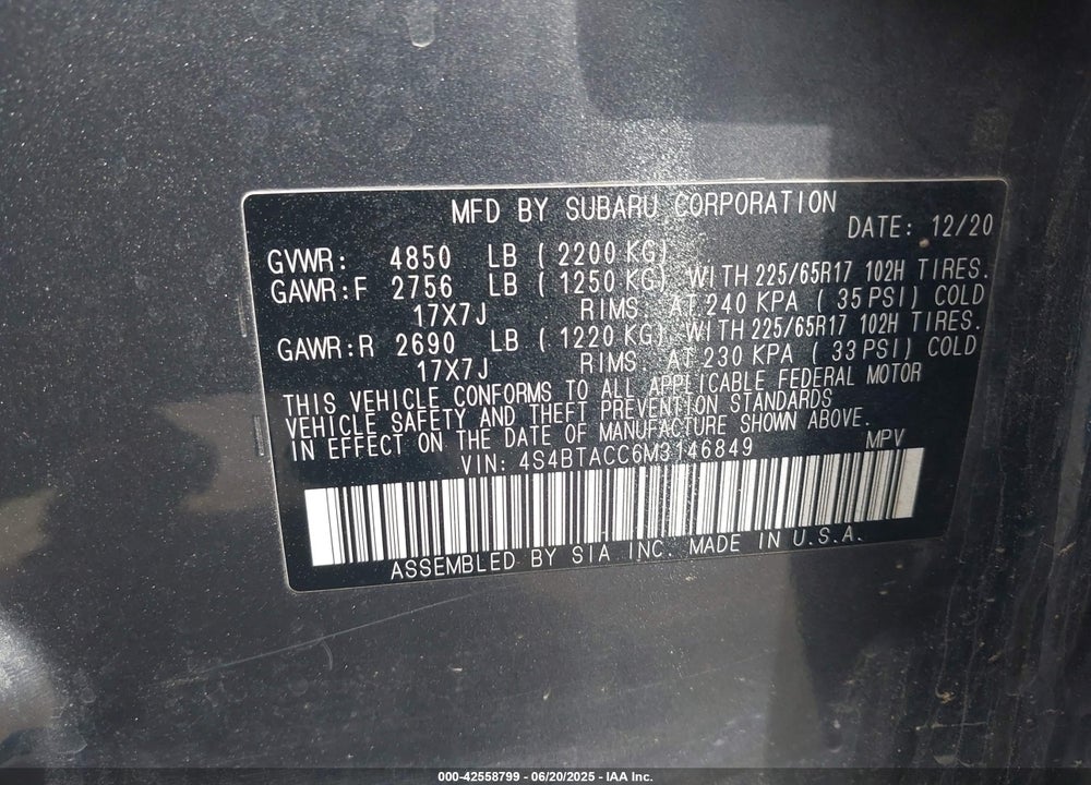2021 SUBARU OUTBACK VIN: 4S4BTACC6M3146849