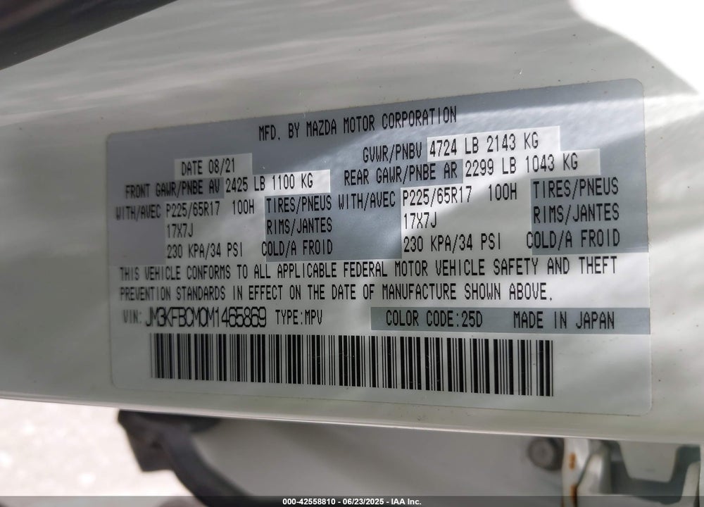 2021 MAZDA CX-5 VIN: JM3KFBCM0M1465869
