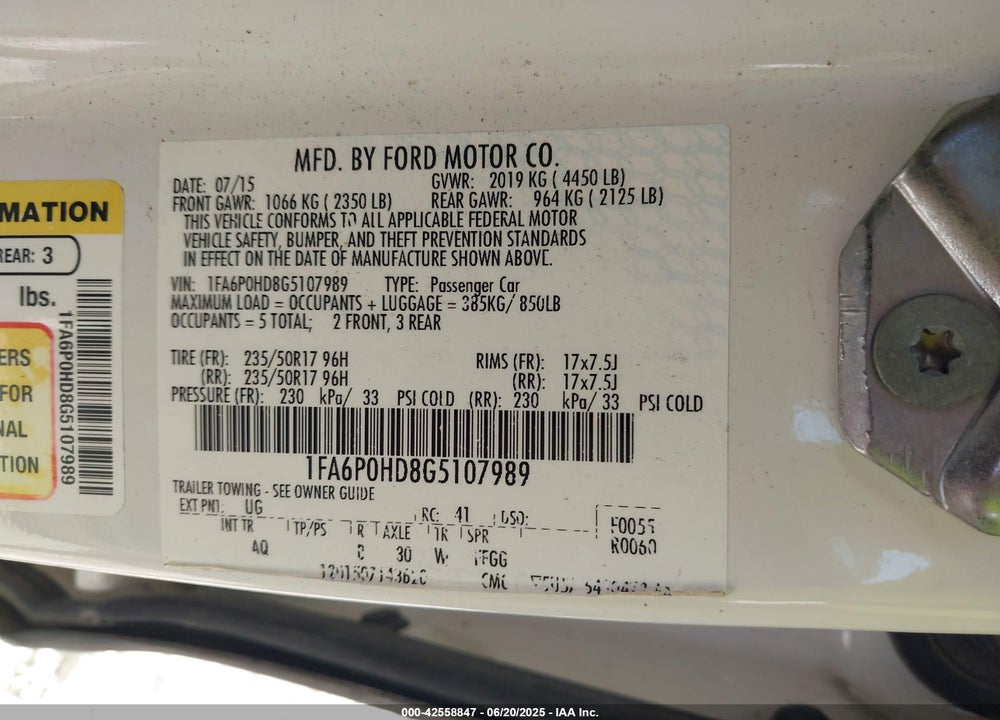 2016 FORD FUSION VIN: 1FA6P0HD8G5107989