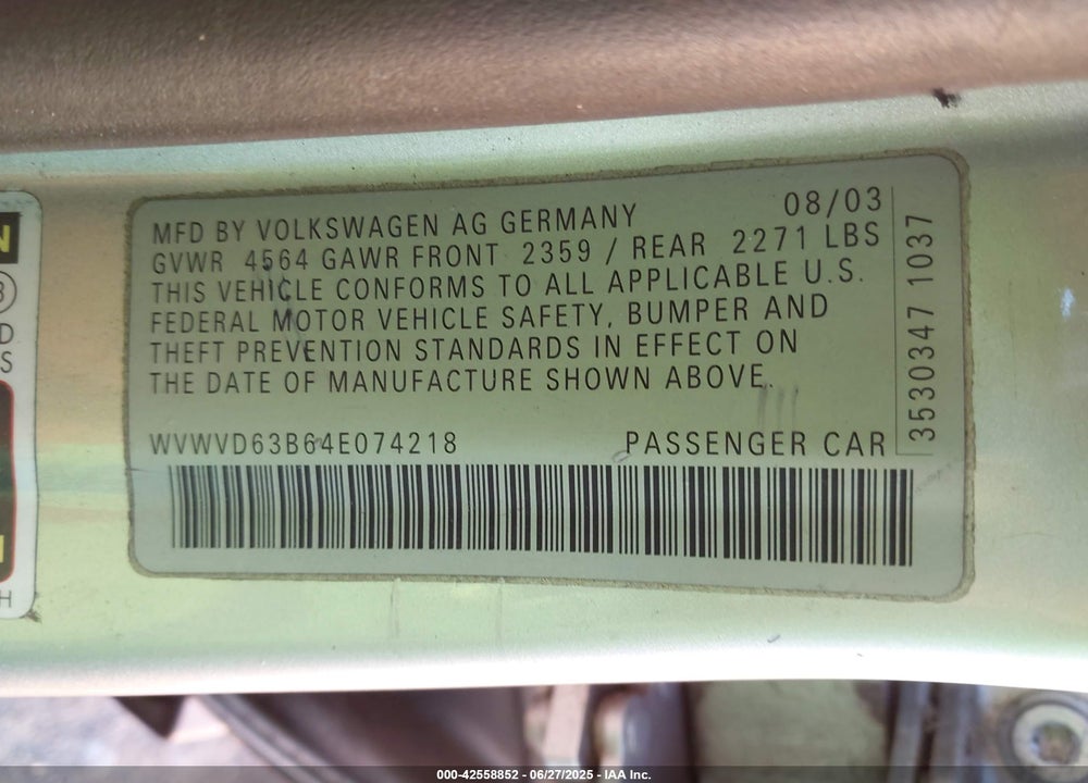 2004 VOLKSWAGEN PASSAT GLS VIN: WVWVD63B64E074218