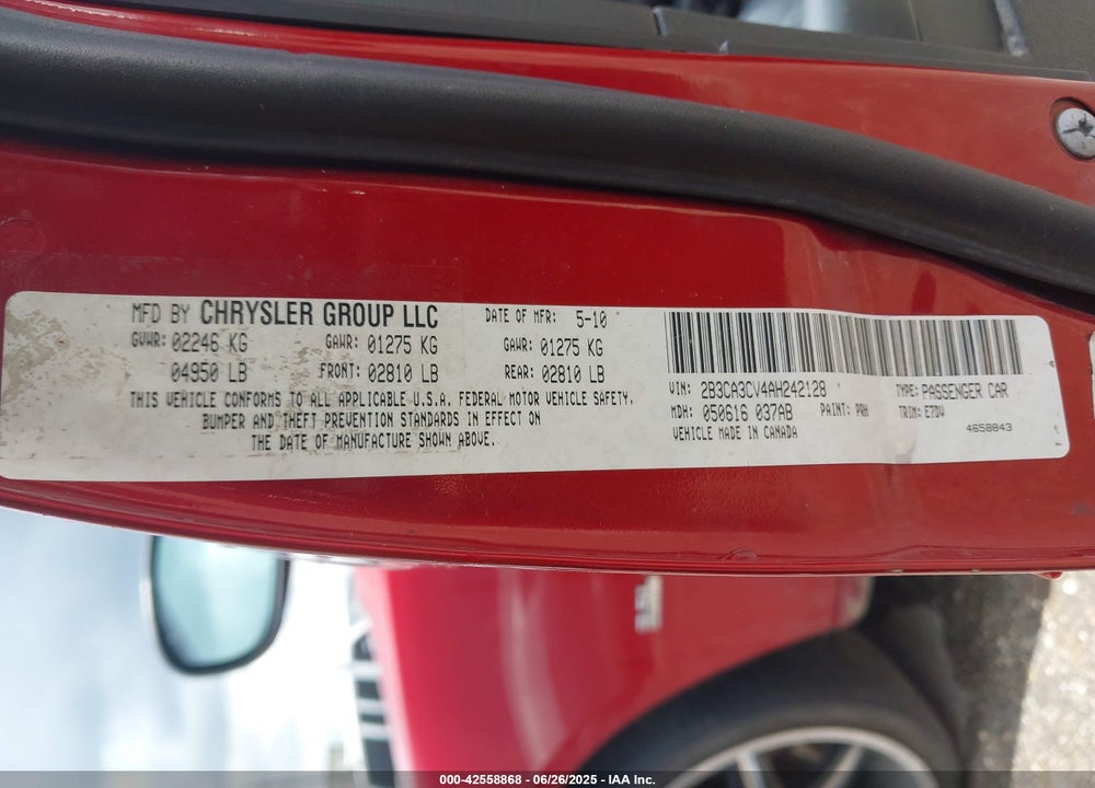 2010 DODGE CHARGER VIN: 2B3CA3CV4AH242128