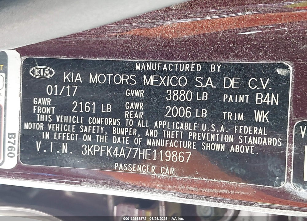 2017 KIA FORTE VIN: 3KPFK4A77HE119867