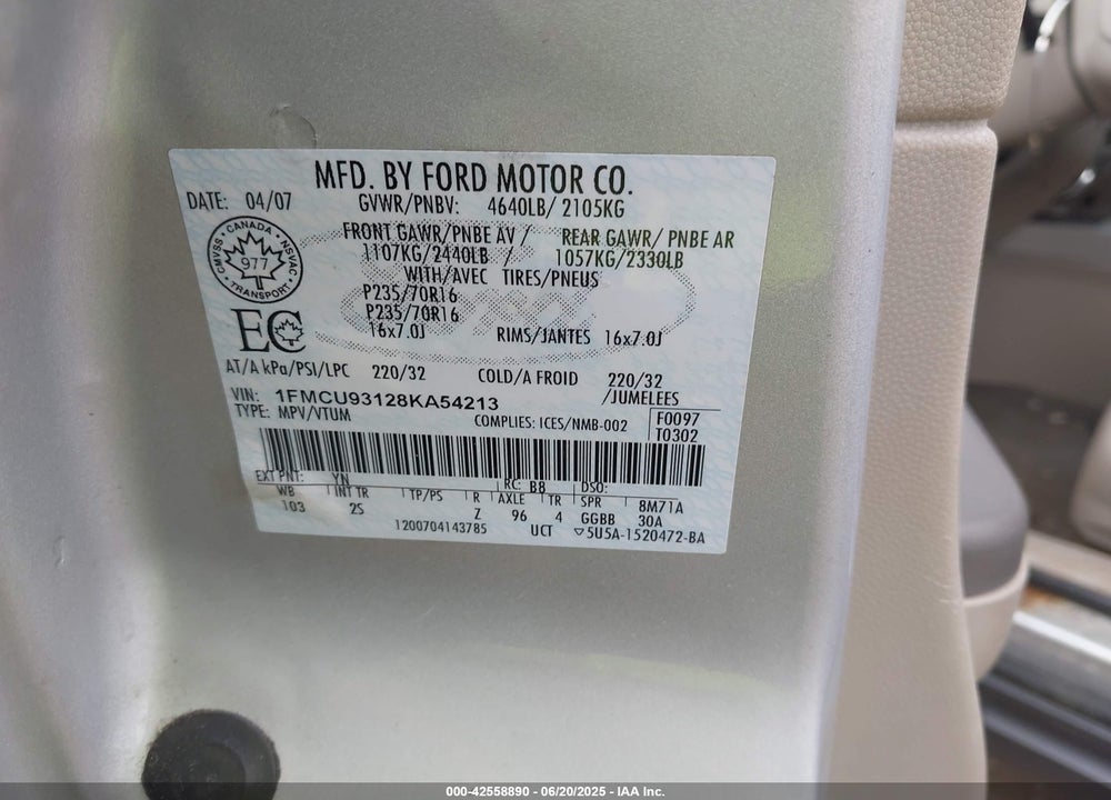 2008 FORD ESCAPE XLT VIN: 1FMCU93128KA54213