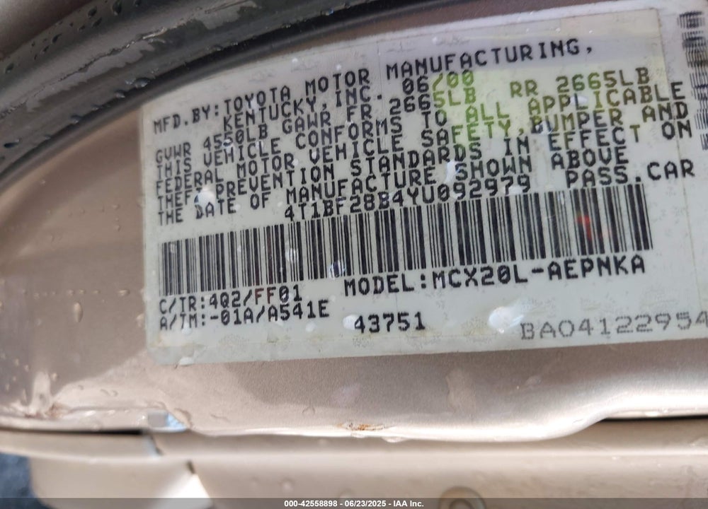 2000 TOYOTA AVALON VIN: 4T1BF28B4YU092979