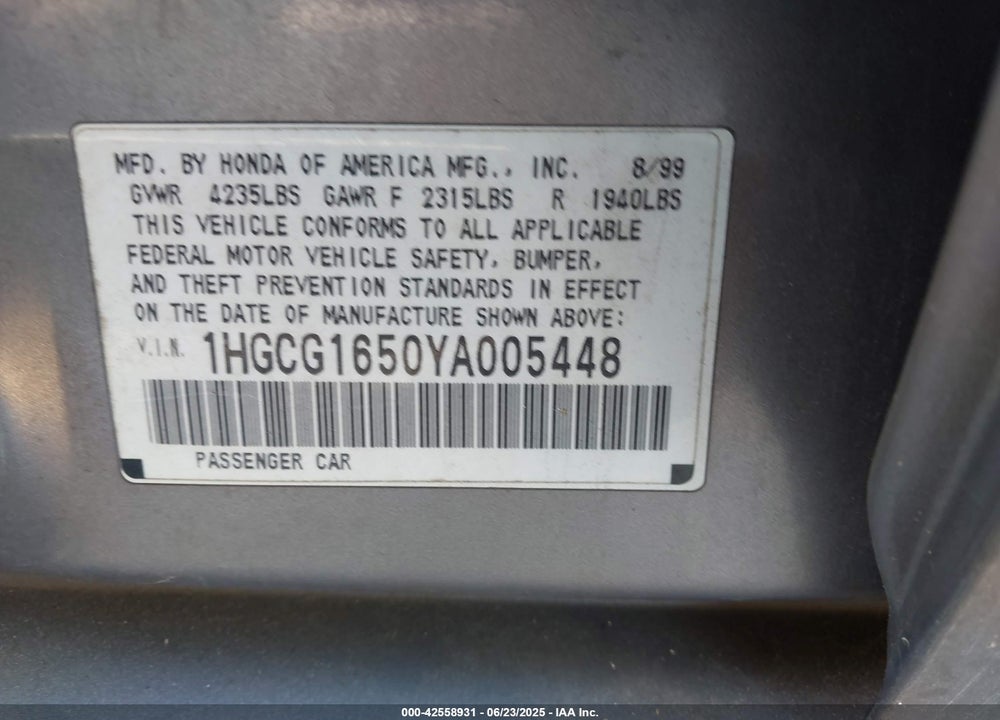 2000 HONDA ACCORD 3.0 EX VIN: 1HGCG1650YA005448