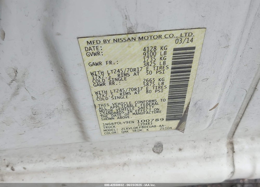2014 NISSAN NV CARGO NV2500 HD VIN: 1N6BF0LY9EN100789