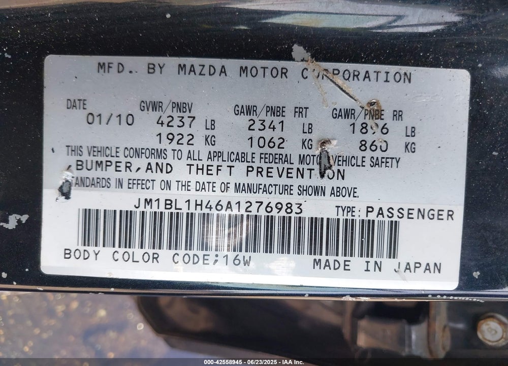 2010 MAZDA 3 VIN: JM1BL1H46A1276983