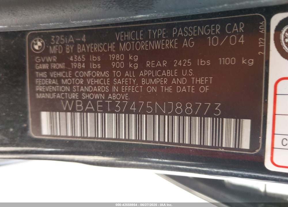 2005 BMW 325I VIN: WBAET37475NJ88773