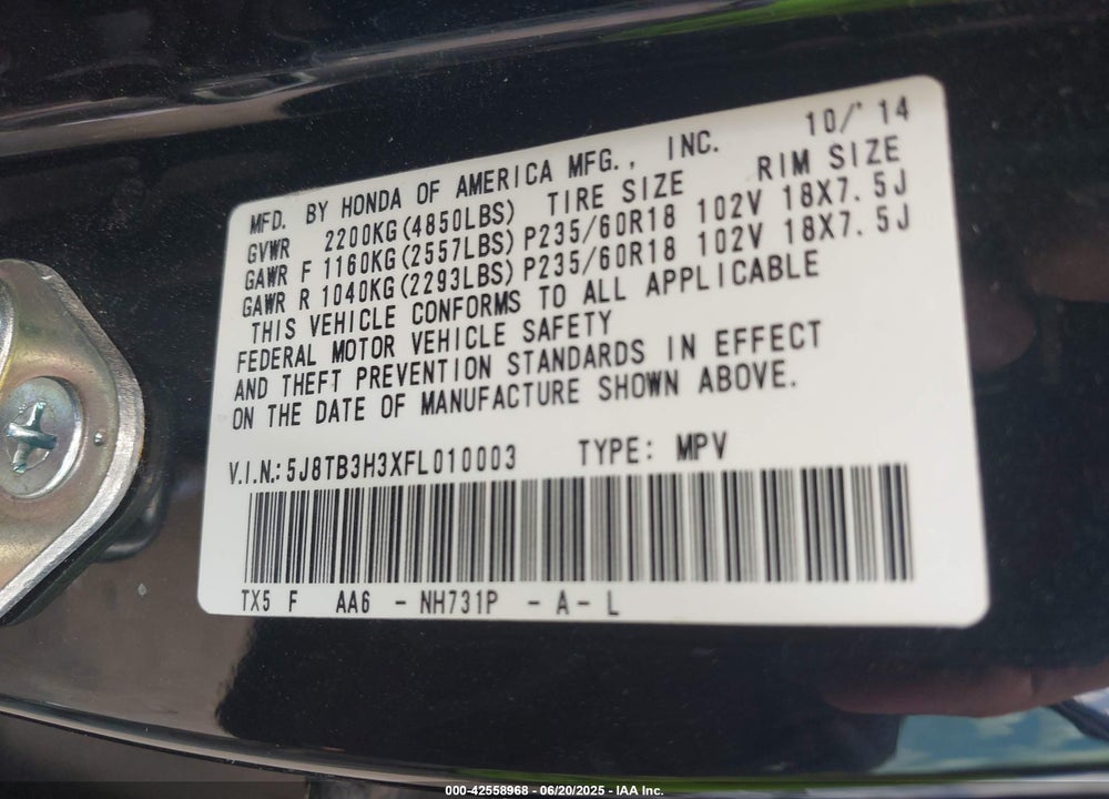 2015 ACURA RDX VIN: 5J8TB3H3XFL010003
