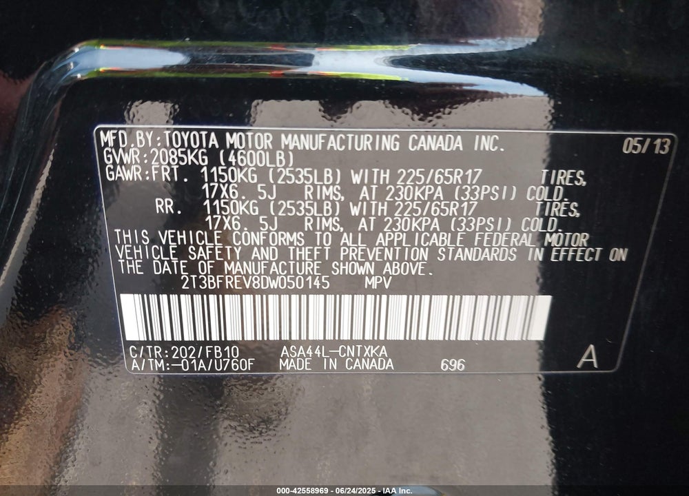 2013 TOYOTA RAV4 VIN: 2T3BFREV8DW050145