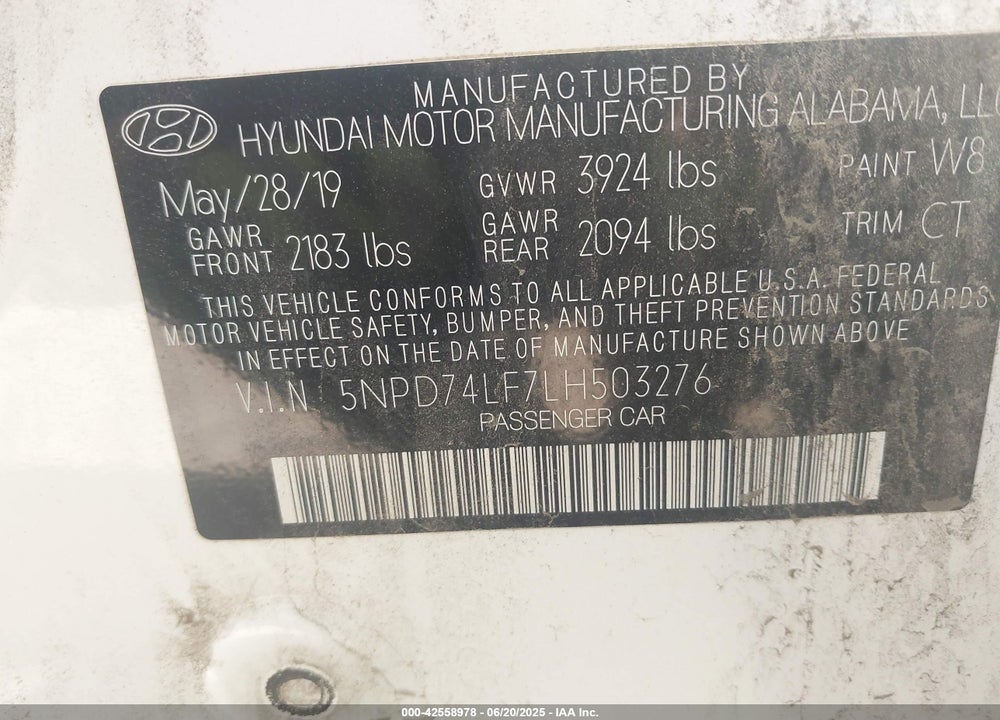 2020 HYUNDAI ELANTRA VIN: 5NPD74LF7LH503276