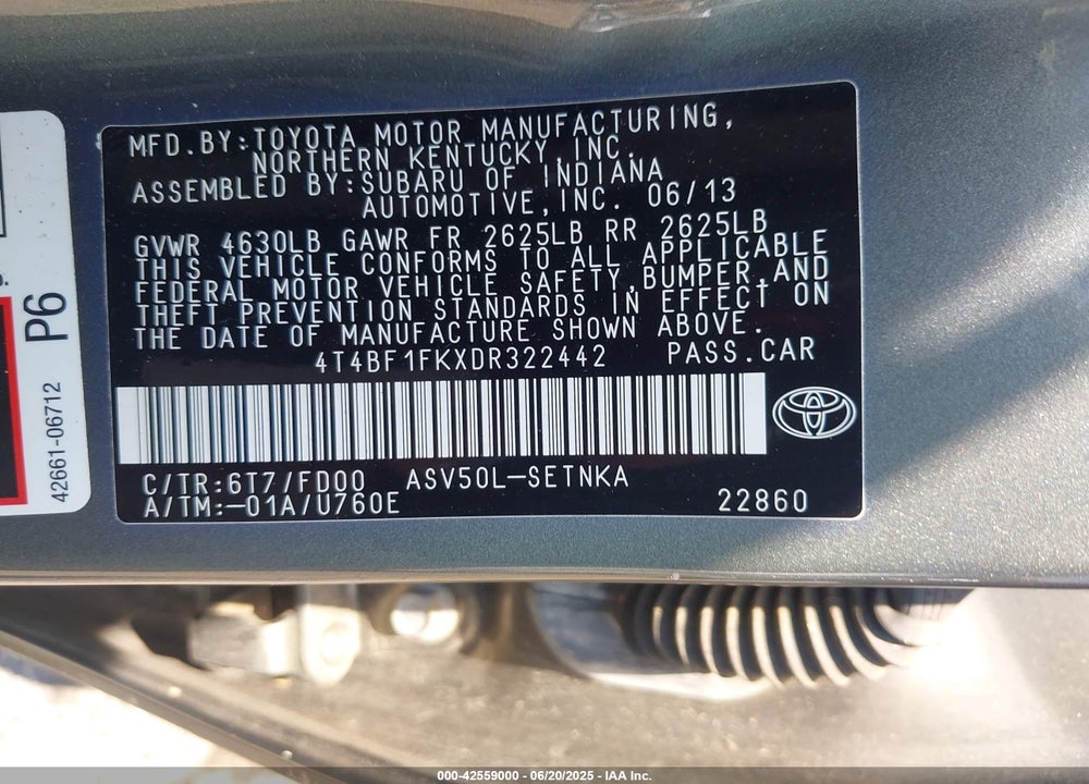 2013 TOYOTA CAMRY VIN: 4T4BF1FKXDR322442