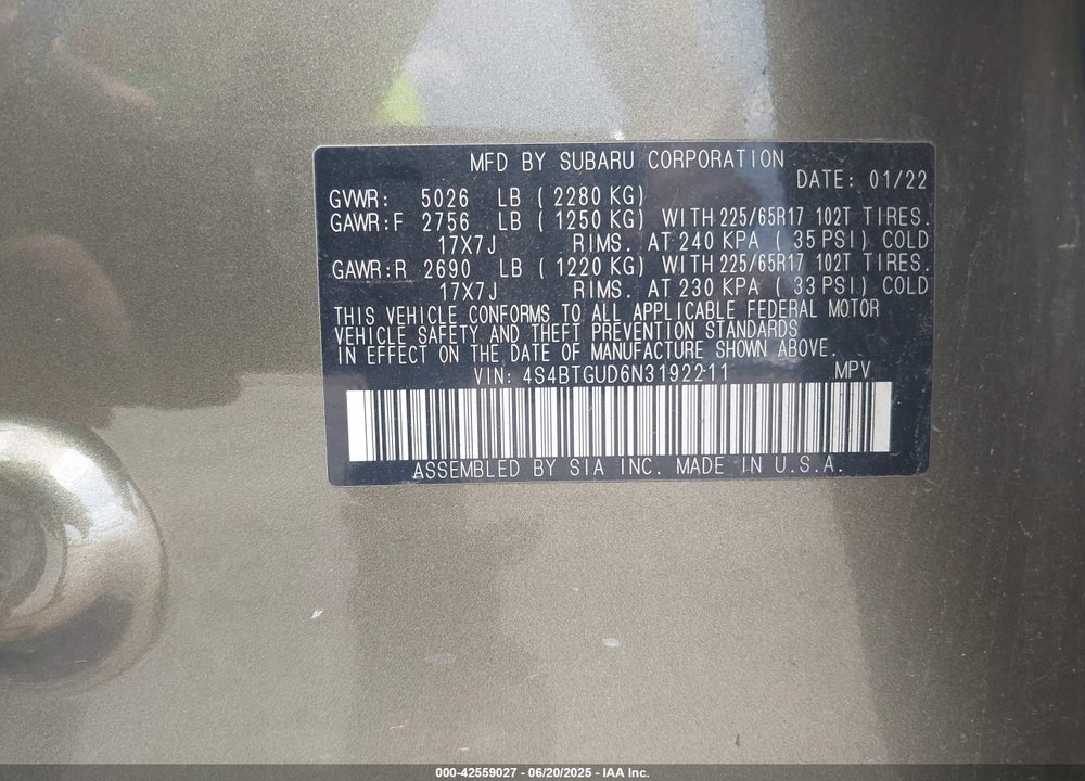 2022 SUBARU OUTBACK VIN: 4S4BTGUD6N3192211