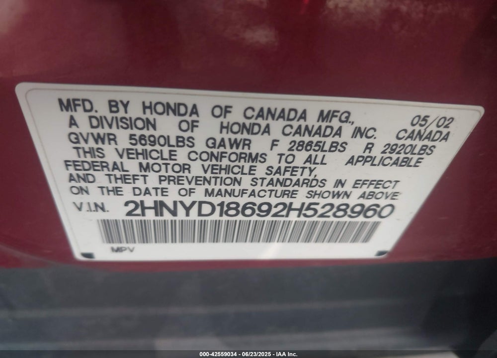2002 ACURA MDX VIN: 2HNYD18692H528960