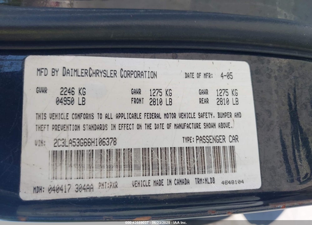 2006 CHRYSLER 300 VIN: 2C3LA53G66H106378