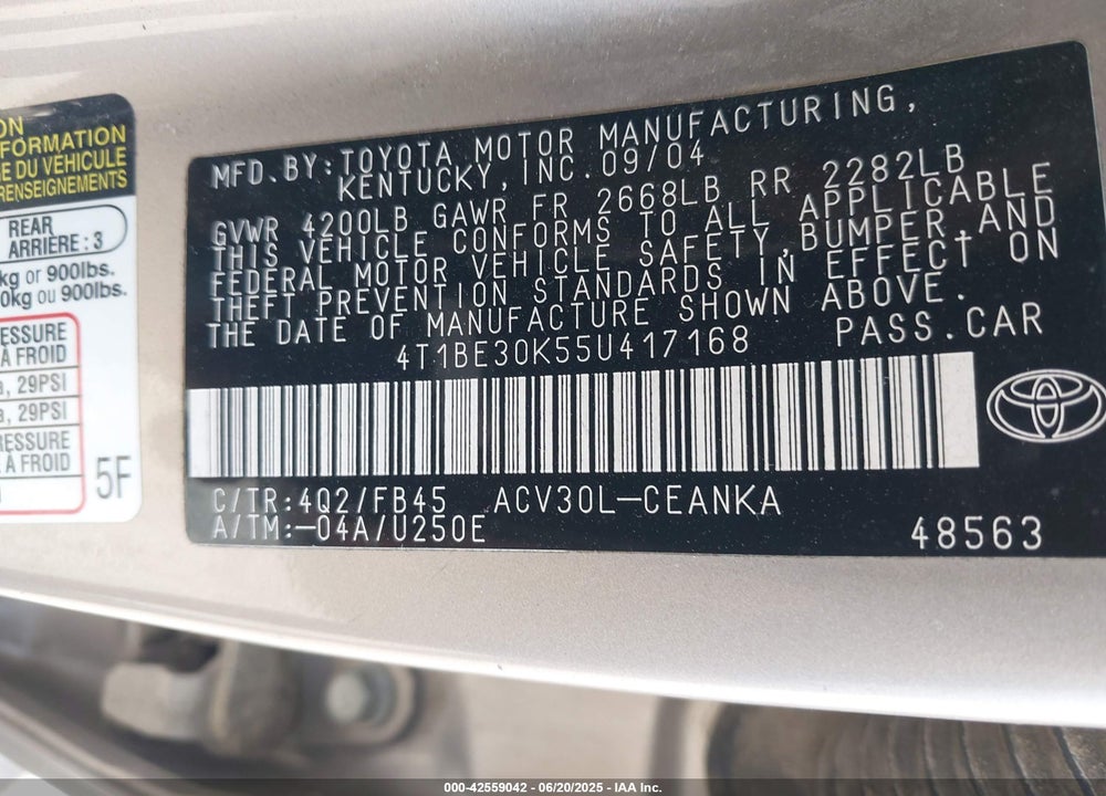 2005 TOYOTA CAMRY VIN: 4T1BE30K55U417168