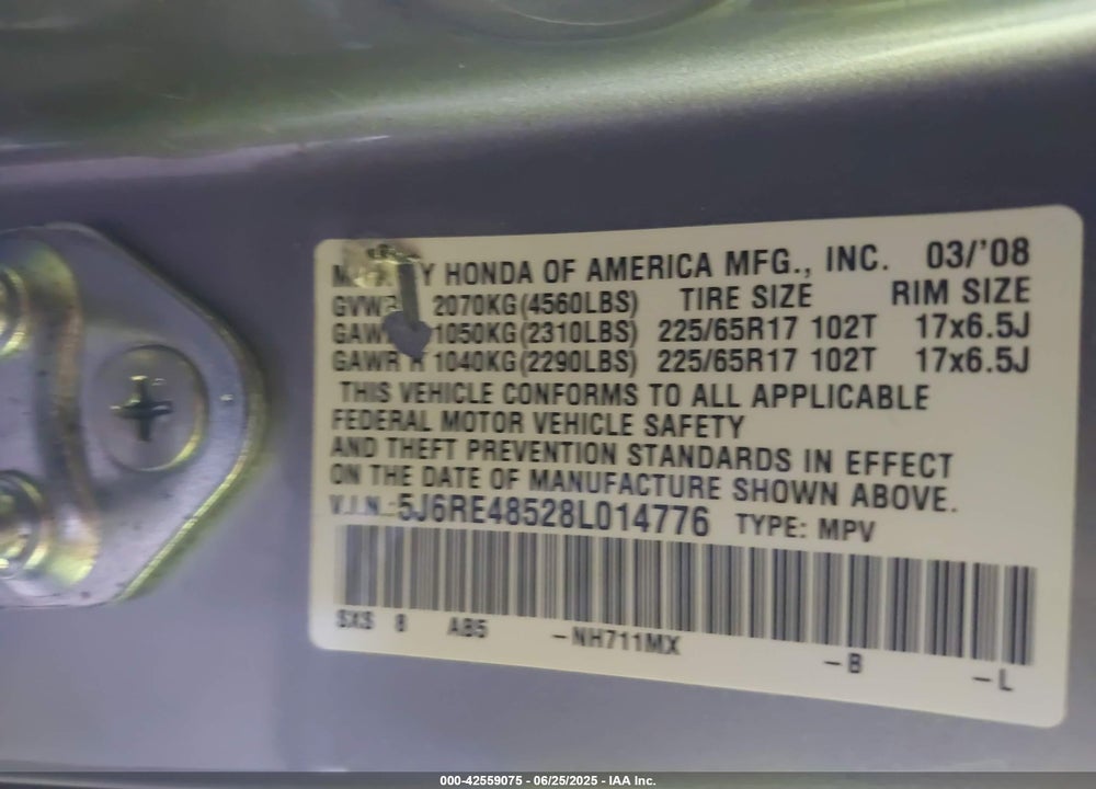 2008 HONDA CR-V EX VIN: 5J6RE48528L014776