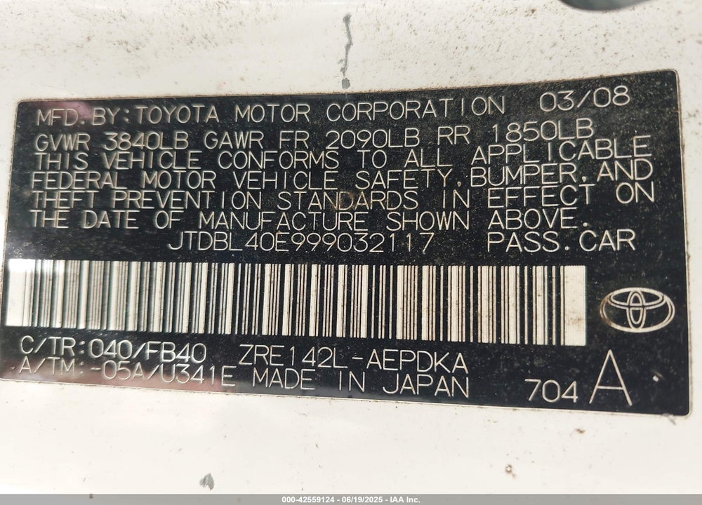 2009 TOYOTA COROLLA VIN: JTDBL40E999032117