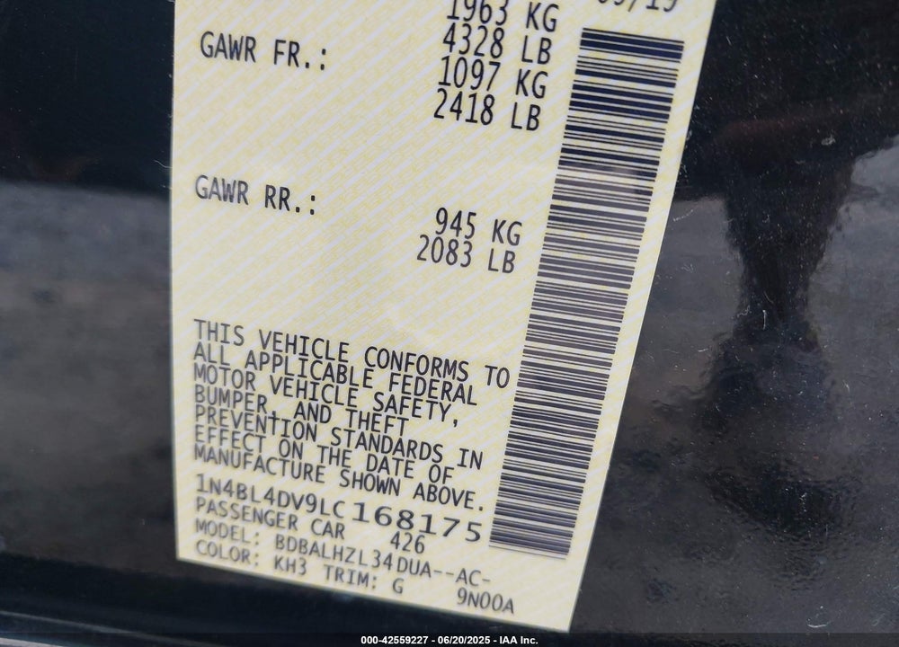 2020 NISSAN ALTIMA SV FWD VIN: 1N4BL4DV9LC168175