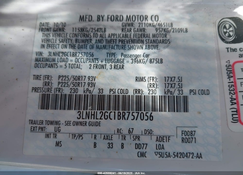 2011 LINCOLN MKZ VIN: 3LNHL2GC1BR757056