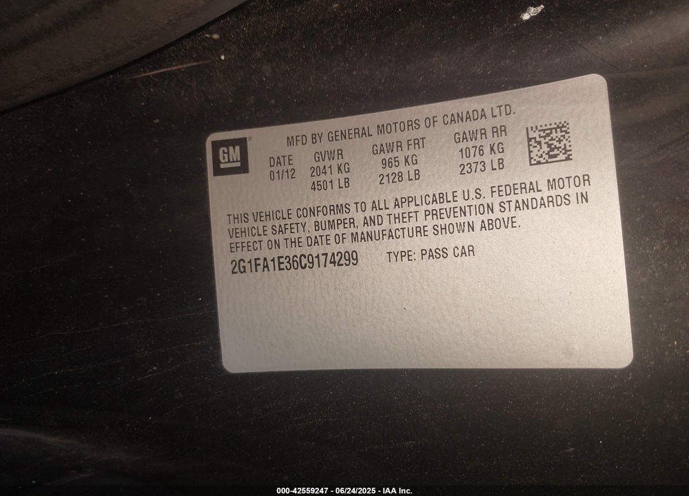 2012 CHEVROLET CAMARO VIN: 2G1FA1E36C9174299
