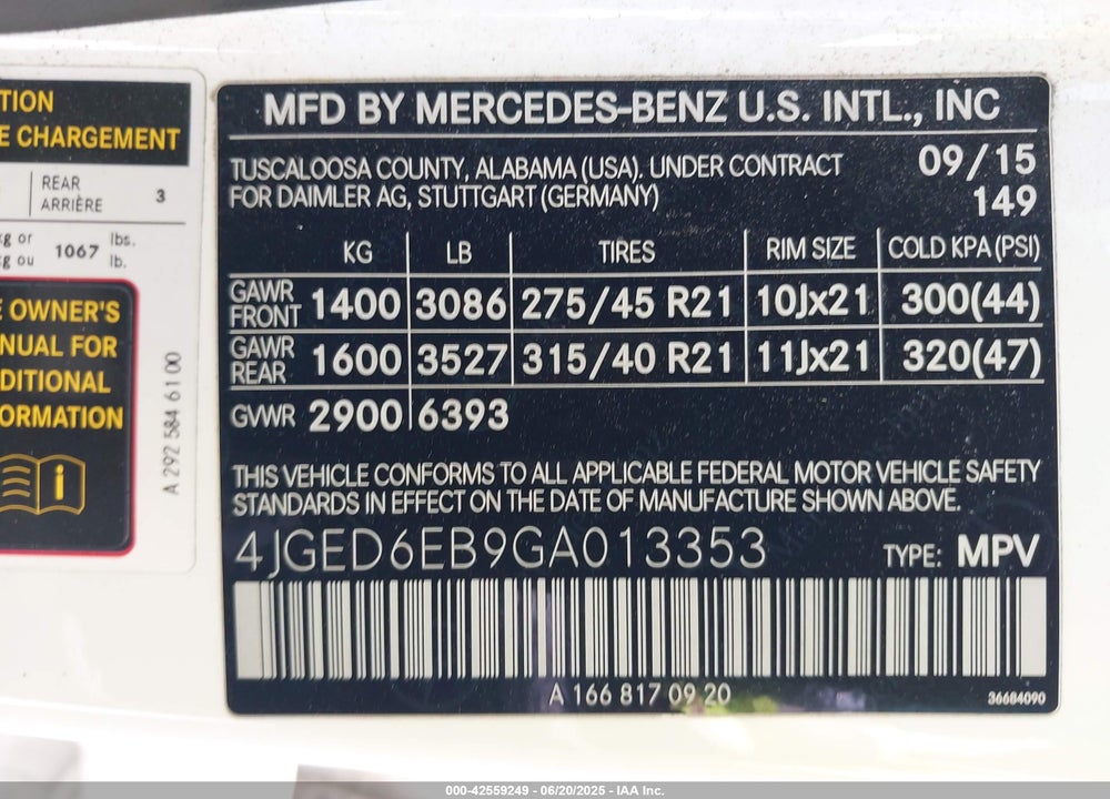 2016 MERCEDES-BENZ GLE CLASS VIN: 4JGED6EB9GA013353