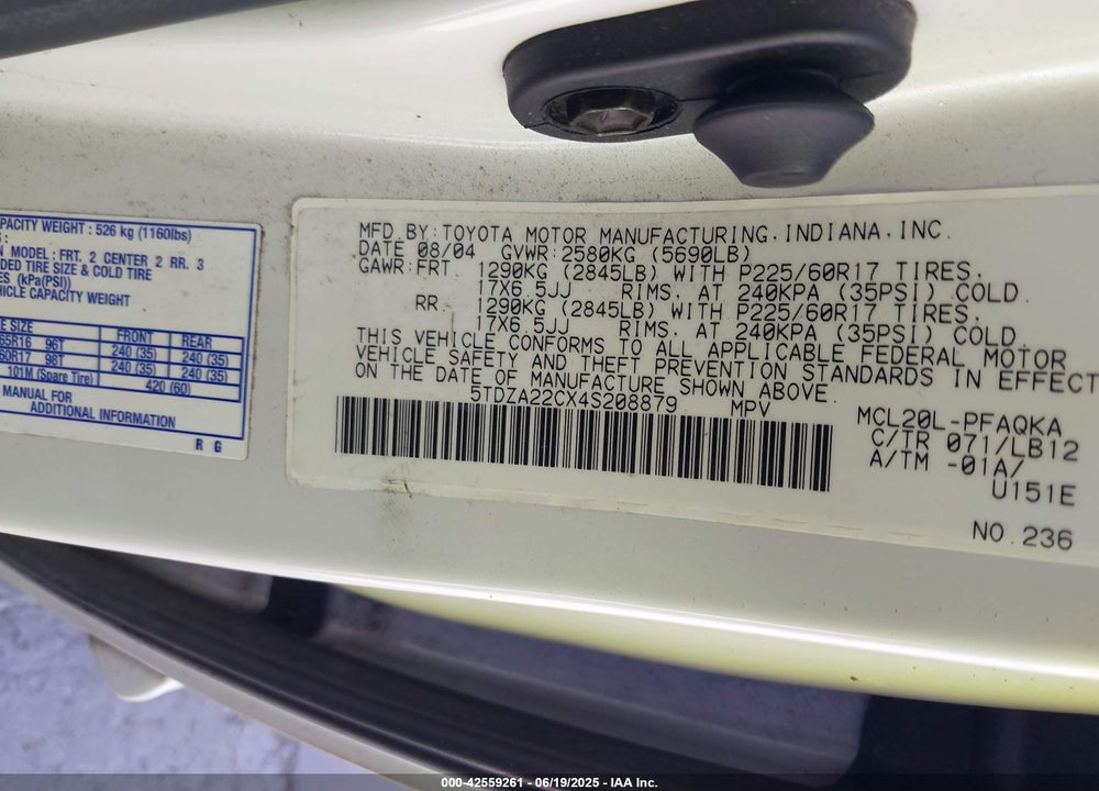 2004 TOYOTA SIENNA XLE LIMITED VIN: 5TDZA22CX4S208879
