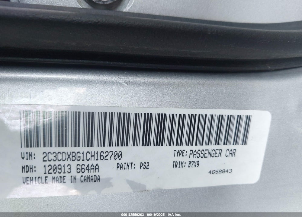2012 DODGE CHARGER VIN: 2C3CDXBG1CH162700