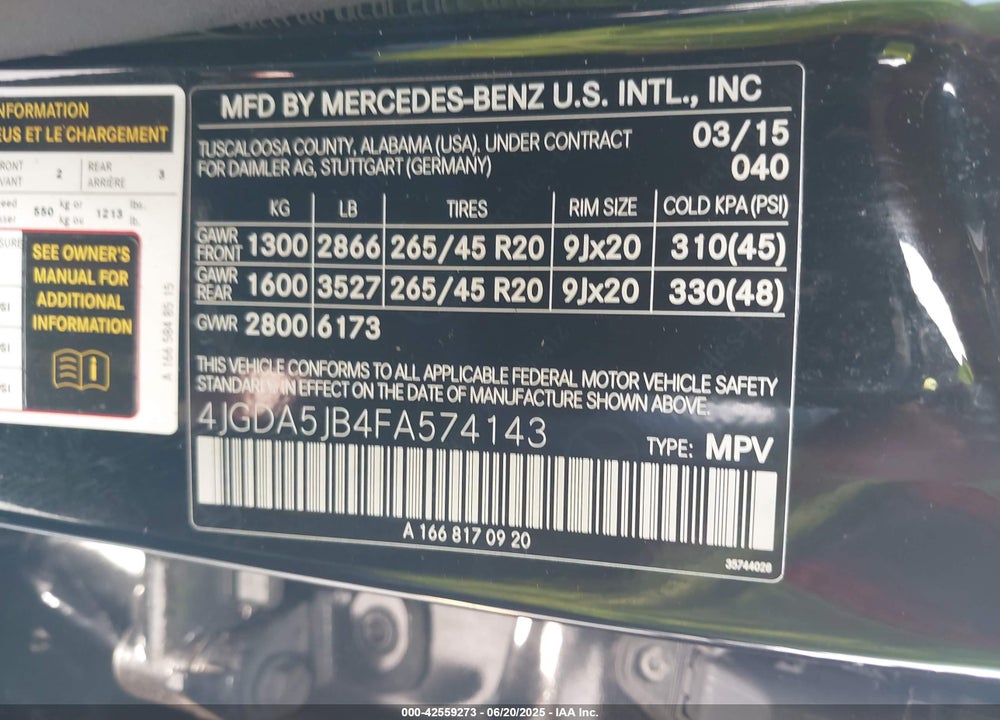 2015 MERCEDES-BENZ ML 350 VIN: 4JGDA5JB4FA574143