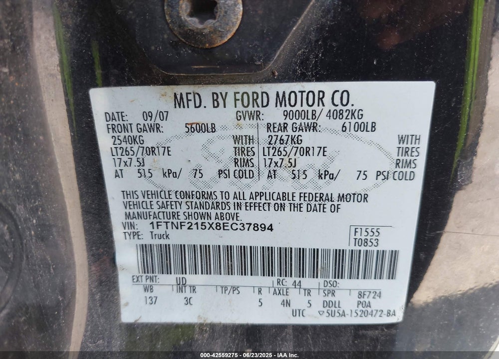 2008 FORD F-250 VIN: 1FTNF215X8EC37894