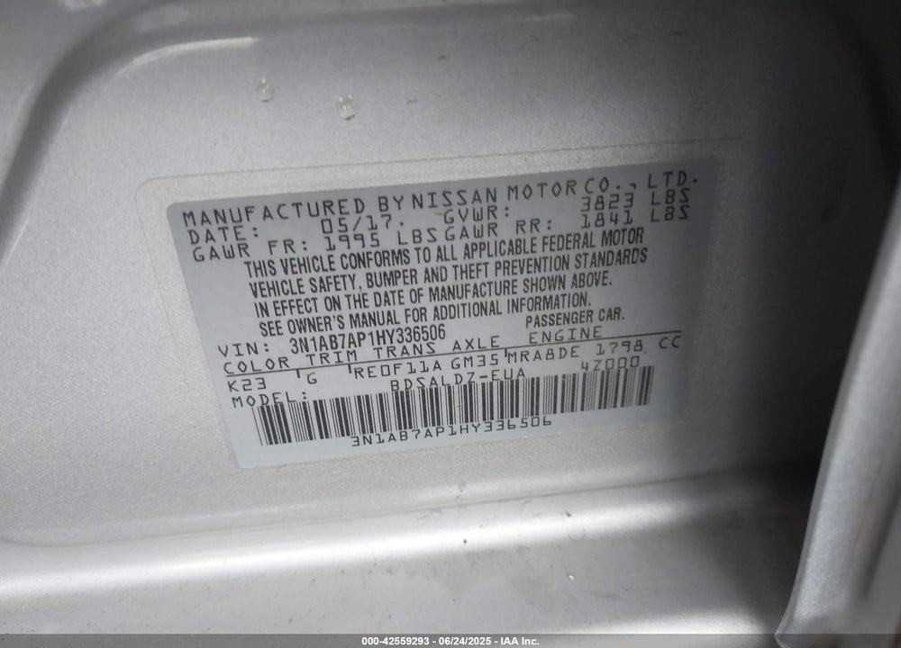 2017 NISSAN SENTRA VIN: 3N1AB7AP1HY336506