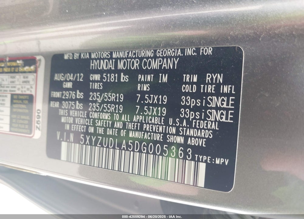 2013 HYUNDAI SANTA FE SPORT 2.0T VIN: 5XYZUDLA5DG005363