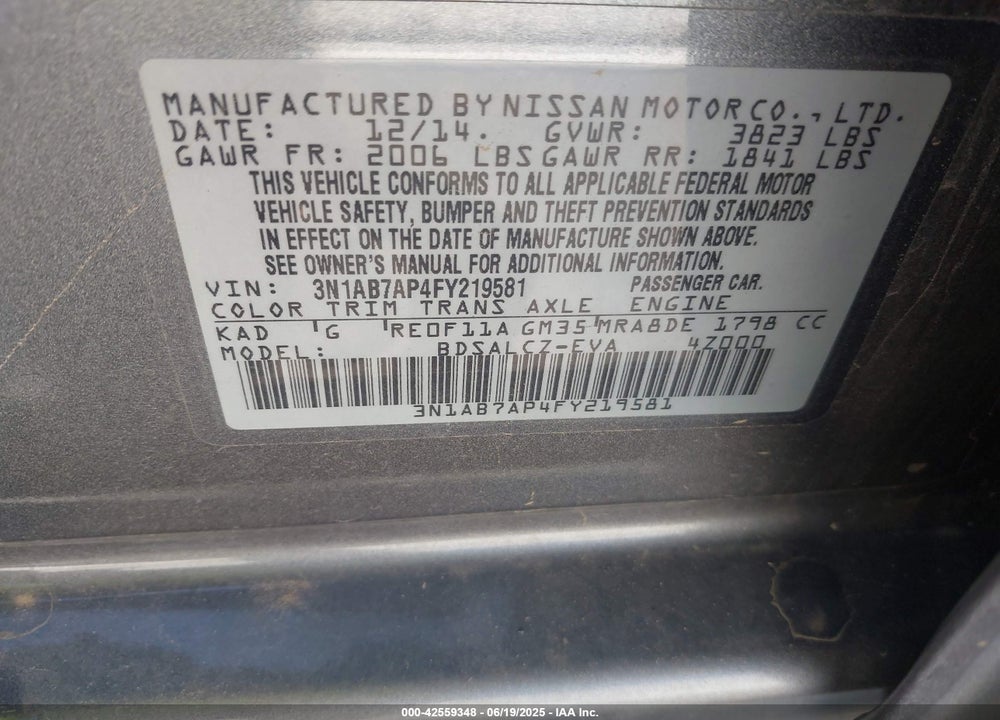 2015 NISSAN SENTRA VIN: 3N1AB7AP4FY219581