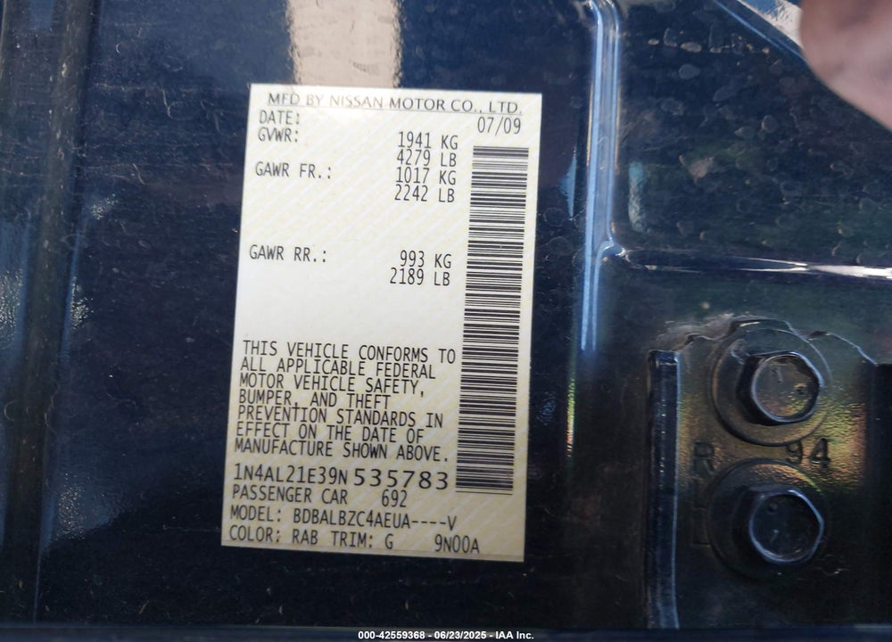 2009 NISSAN ALTIMA VIN: 1N4AL21E39N535783