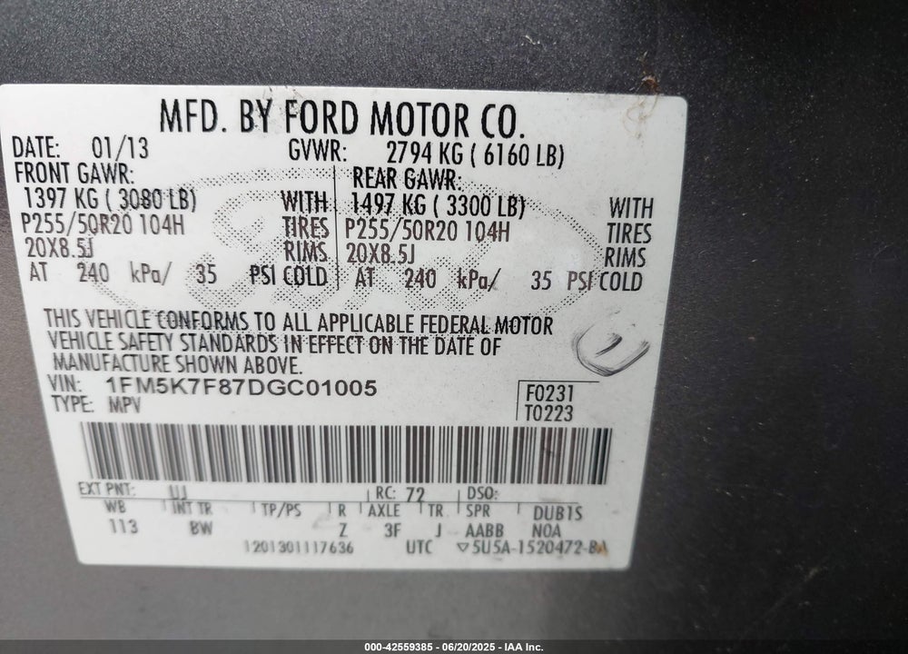 2013 FORD EXPLORER LIMITED VIN: 1FM5K7F87DGC01005