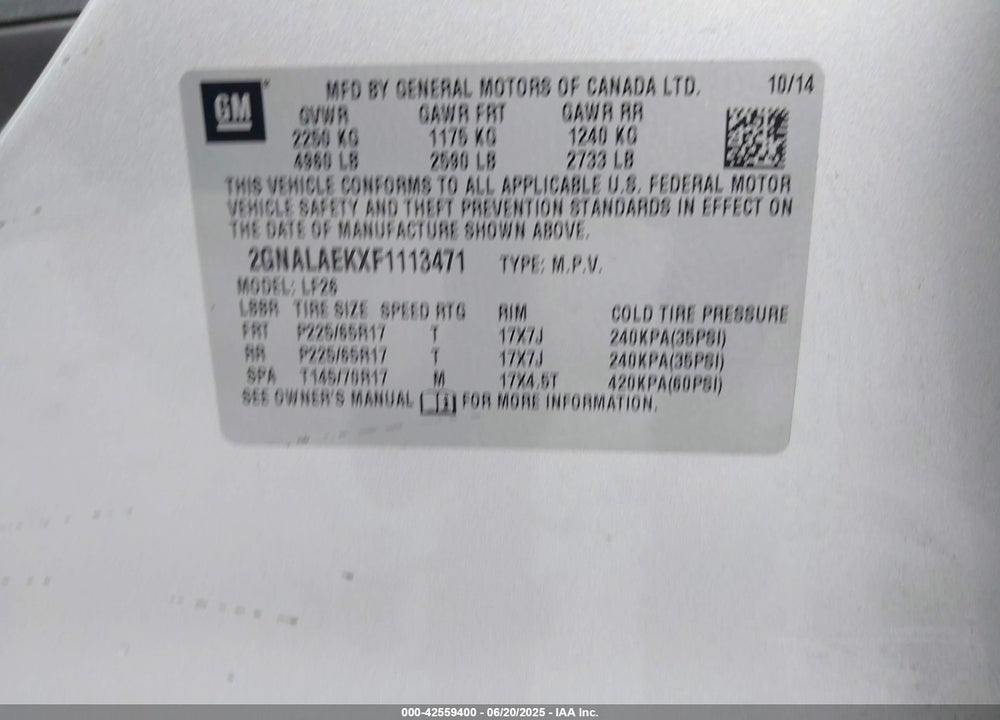 2015 CHEVROLET EQUINOX VIN: 2GNALAEKXF1113471