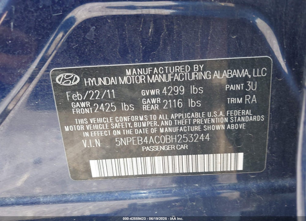 2011 HYUNDAI SONATA VIN: 5NPEB4AC0BH253244