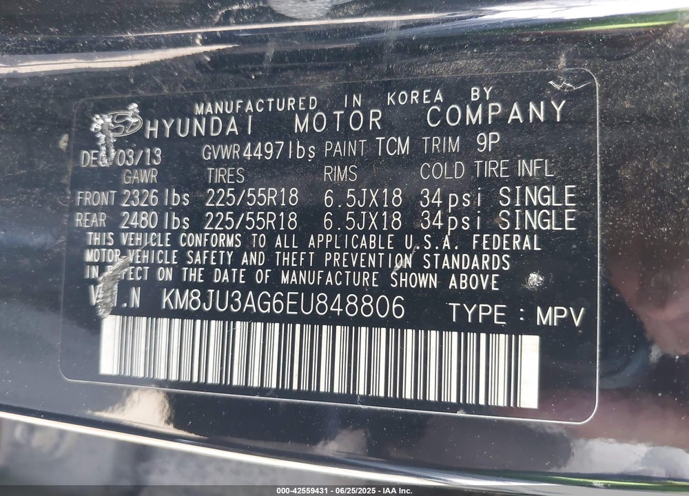 2014 HYUNDAI TUCSON VIN: KM8JU3AG6EU848806