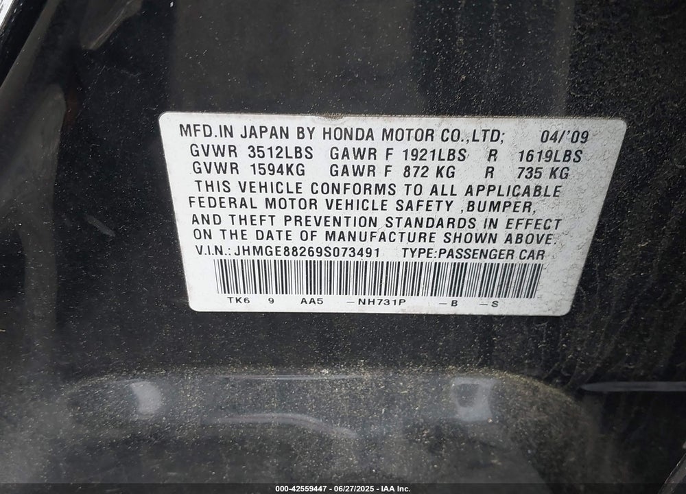 2009 HONDA FIT VIN: JHMGE88269S073491