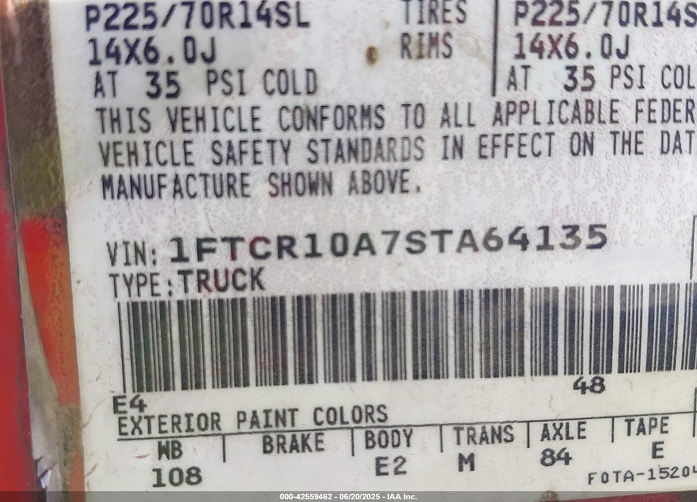 1995 FORD RANGER VIN: 1FTCR10A7STA64135