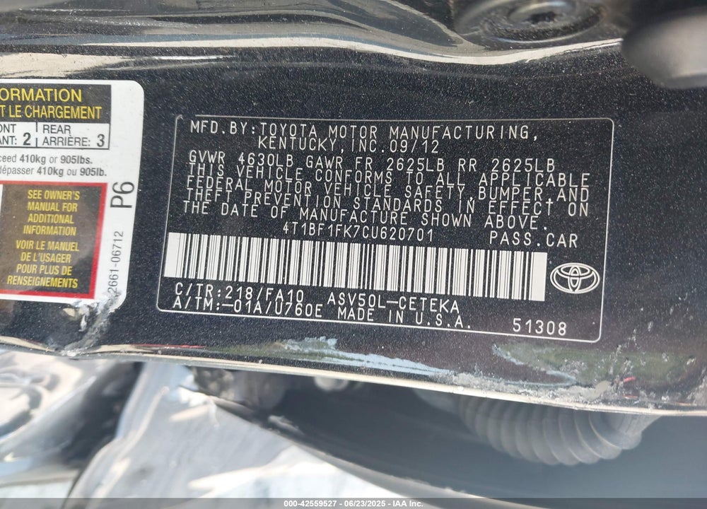 2012 TOYOTA CAMRY VIN: 4T1BF1FK7CU620701