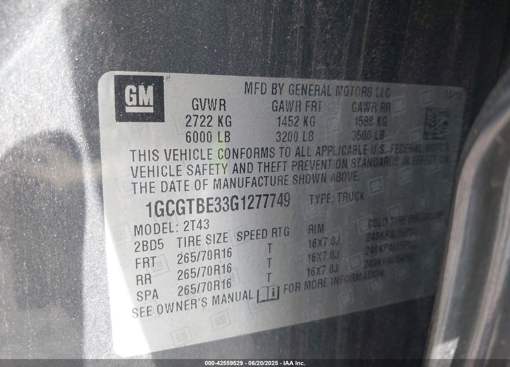 2016 CHEVROLET COLORADO VIN: 1GCGTBE33G1277749