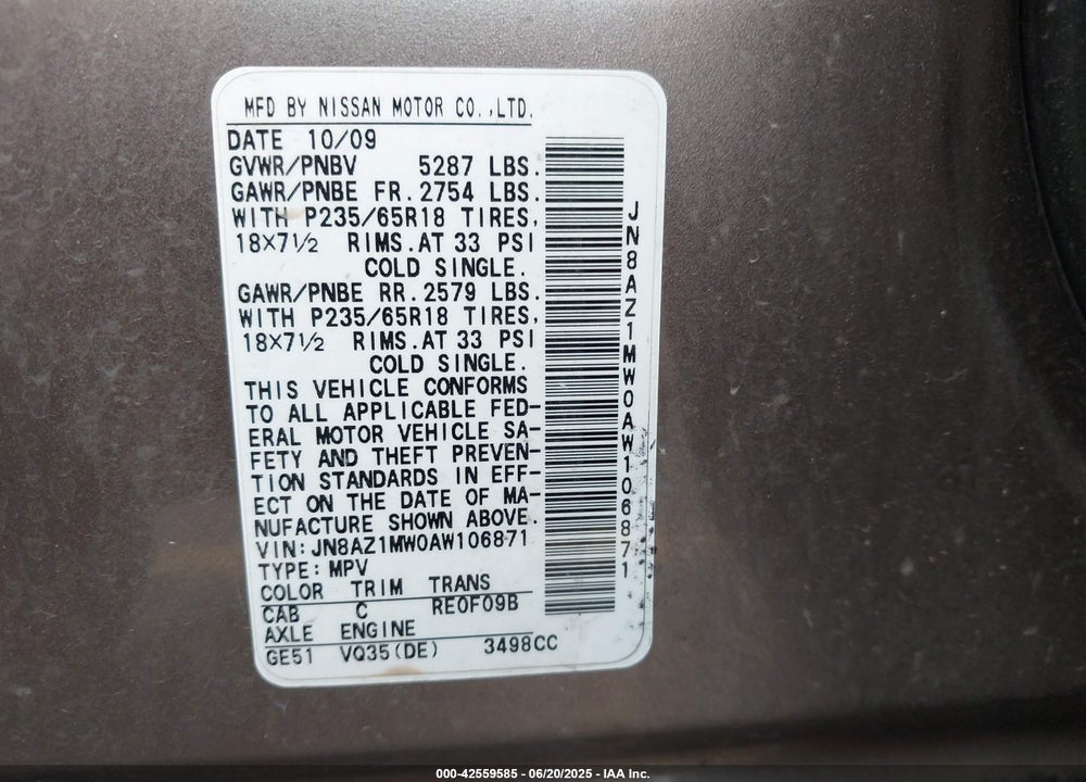 2010 NISSAN MURANO VIN: JN8AZ1MW0AW106871