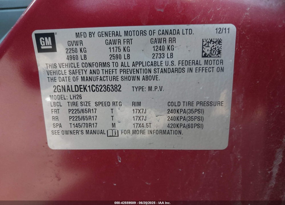 2012 CHEVROLET EQUINOX 1LT VIN: 2GNALDEK1C6236382