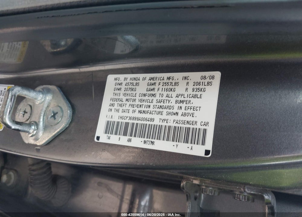 2009 HONDA ACCORD SDN VIN: 1HGCP36899A006489
