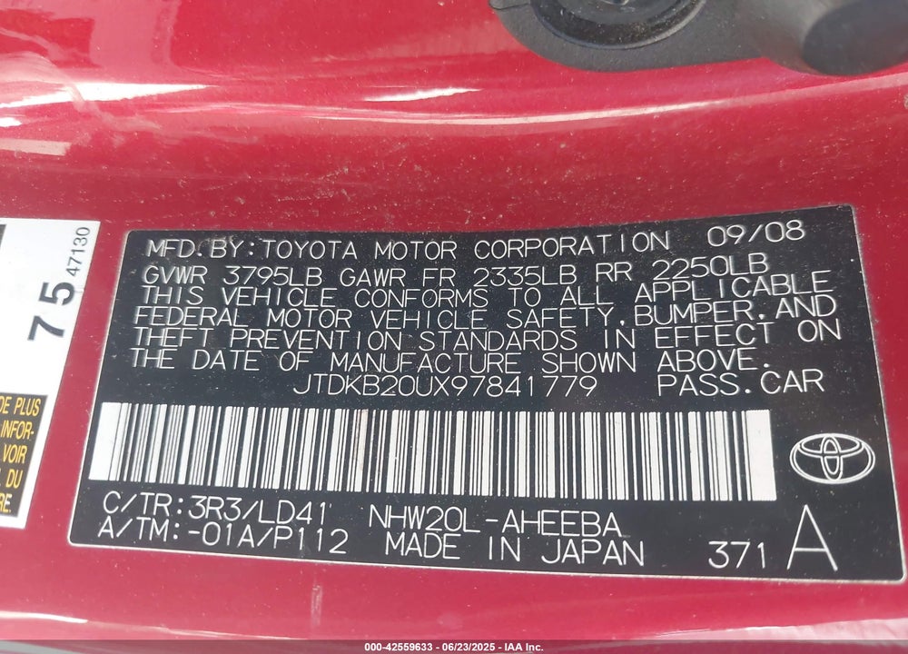 2009 TOYOTA PRIUS VIN: JTDKB20UX97841779