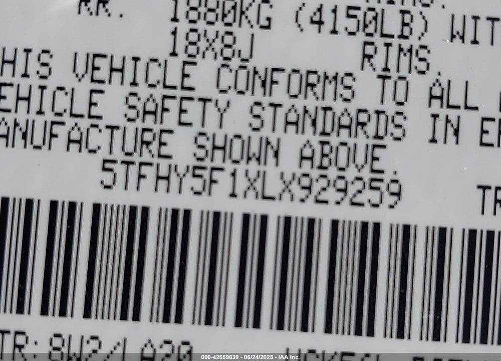 2020 TOYOTA TUNDRA VIN: 5TFHY5F1XLX929259