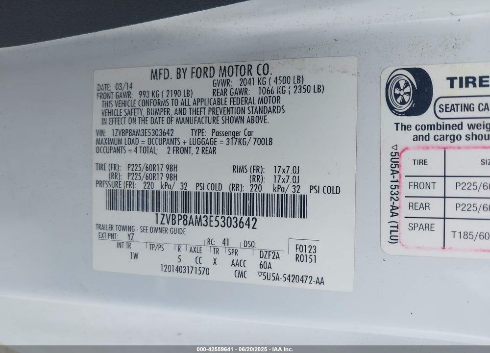2014 FORD MUSTANG VIN: 1ZVBP8AM3E5303642